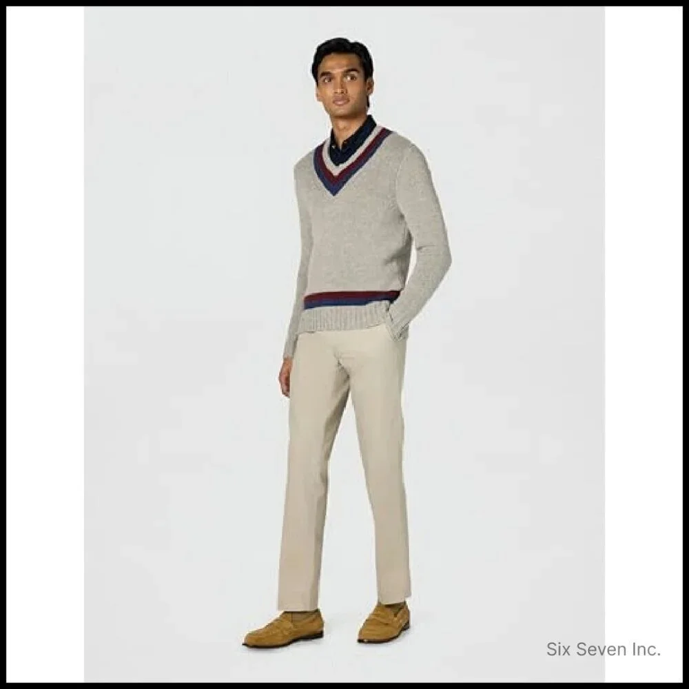 Classic V-Neck Tennis Sweater Preppy Elegant Wool Blend Long Sleeve Pullover